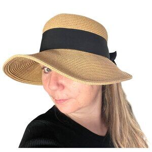 Scala Vintage Style Sun Hat With Black Ribbon Bow Handmade Paper Straw Women One